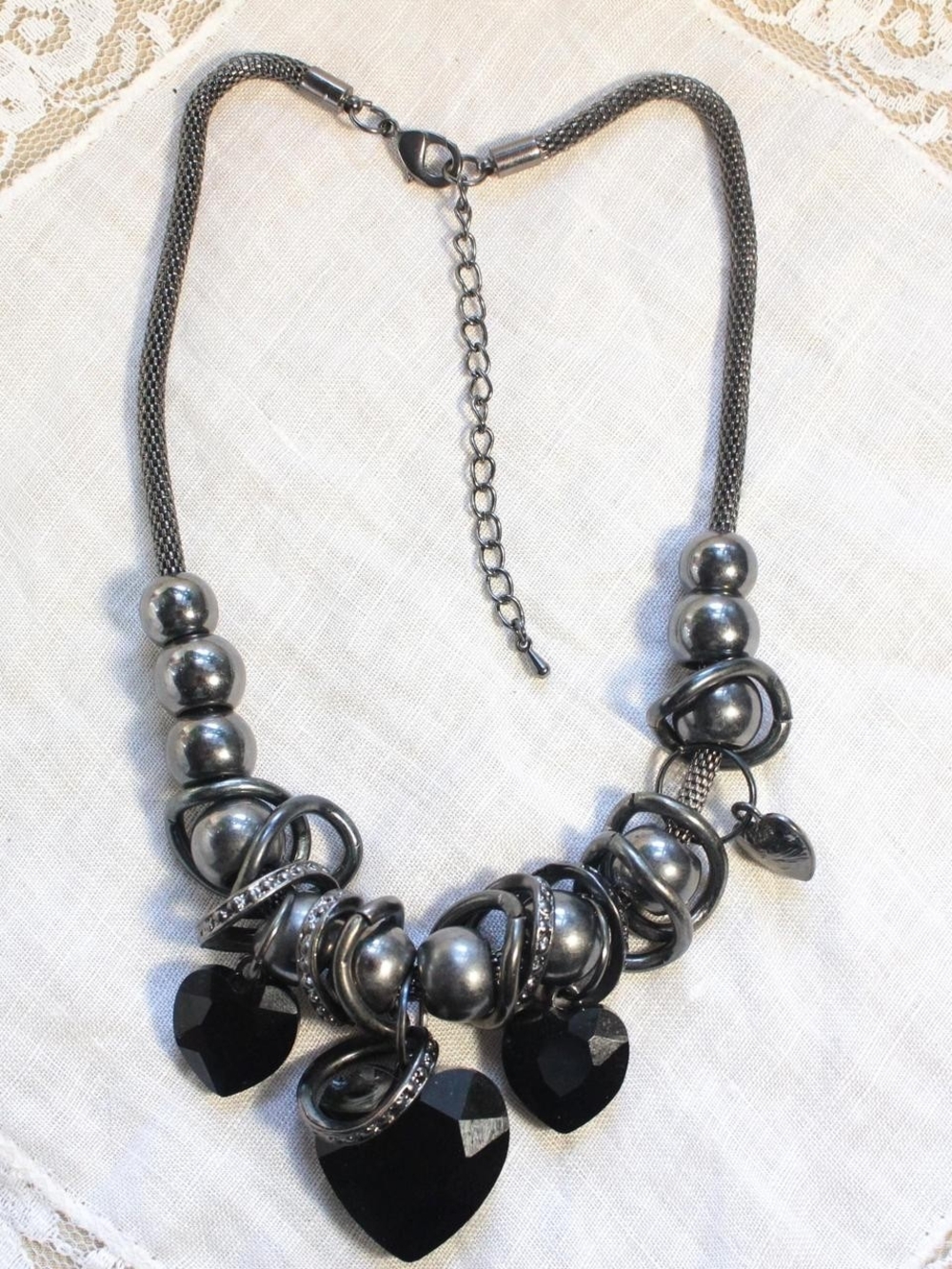 Gunmetal Necklace with Black Heart Pendants